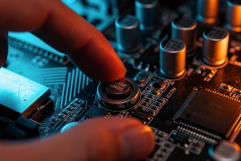 Illustration von einem Finger, der den Clear CMOS-Knopf auf einem Computer-Mainboard drückt, während im Hintergrund ein beschleunigter Bootvorgang symbolisch dargestellt wird.