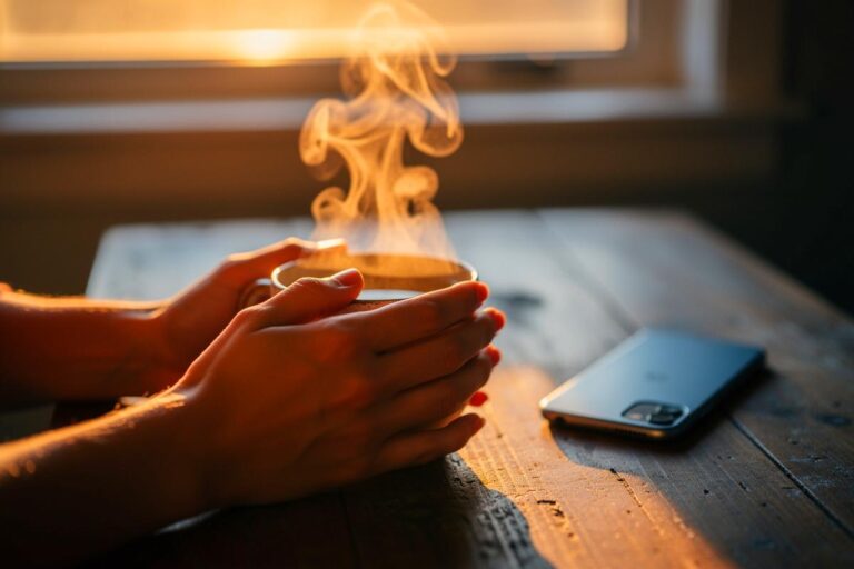 Illustration einer Person, die in der Morgendämmerung achtsam eine Tasse Tee hält, umgeben von Symbolen für Stille, Gedankenblasen mit positiven Begriffen und einem weggeworfenen Smartphone.