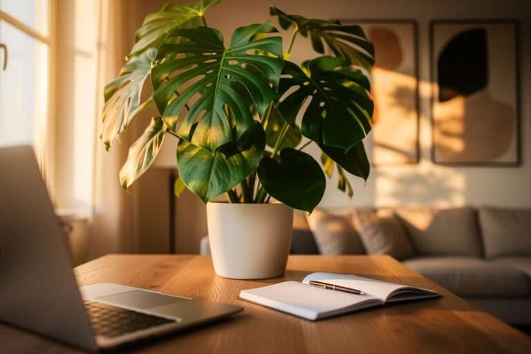 Illustration von einem modernen Wohnzimmer mit Homeoffice-Arbeitsplatz, in dem üppige Grünpflanzen im Vordergrund stehen und eine produktive, naturnahe Atmosphäre schaffen.