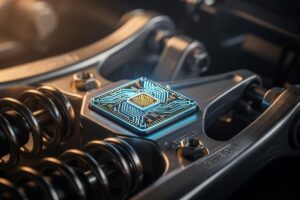 Illustration von einem mikroskopischen Blick auf einen Drehratensensor-Chip, eingebettet in ein modernes Fahrwerk mit abstrakten Datenströmen und Kurvenlinien im Hintergrund.