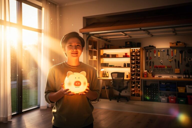 Illustration von einer Person, die mit einem Finanzplan vor einem Haus mit hervorgehobenen, nun aktiven Räumen wie Dachboden, Garage und Gästezimmer steht.