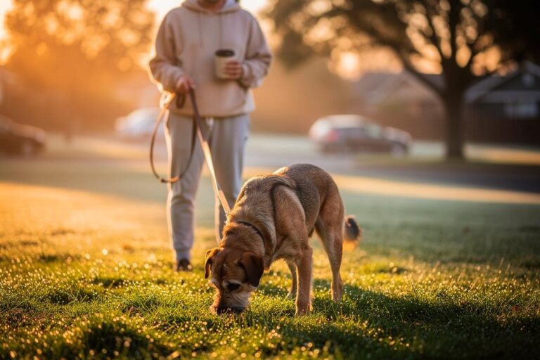 Illustration von einem Hundebesitzer, der morgens mit seinem ruhig wartenden Hund an der Leine vor der geöffneten Haustür steht, während das Tier konzentriert an einer Stelle auf dem Boden schnüffelt.