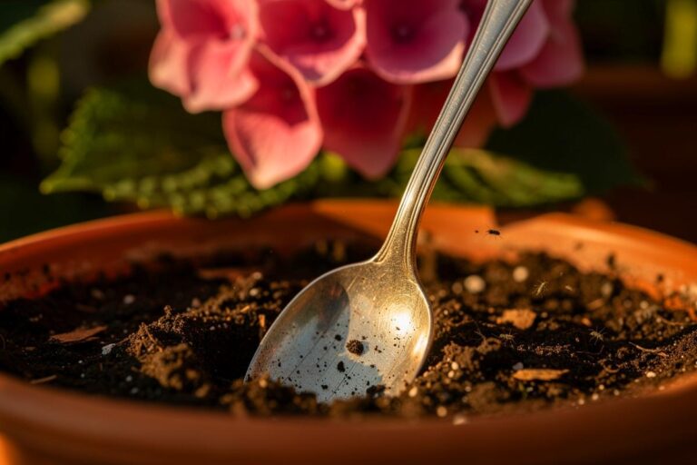 Illustration von einem silbernen Löffel, der in der Erde eines blühenden Blumentopfs steckt, umgeben von reflektierenden Lichtblitzen und kleinen fliehenden Insekten.