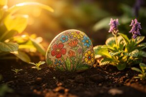 Illustration von verschiedenen bemalten Steinen, die zwischen Blumen und Pflanzen in einem Garten liegen.