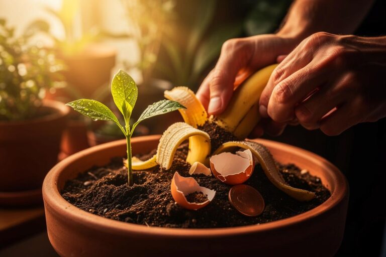 Illustration von Bananenschalen, Eierschalen, Kaffeesatz und einer Kupfermünze, die in einen Blumentopf mit einer jungen, kräftig wachsenden Pflanze gegeben werden.
