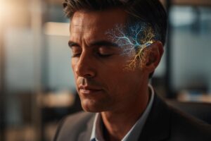 Illustration einer Person, die in einem Gespräch kurz innehält und mit den Augen blinzelt, während gedankliche Blitze und ein beruhigender, klarer Lichtstrahl den Moment der bewussten Pause vor dem Sprechen symbolisieren.