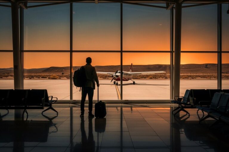 Illustration von einem Reisenden, der an einem kleinen, verlassenen Flughafen in einer weiten, kargen Landschaft steht und auf seinen Weiterflug wartet, während im Hintergrund ein einsames Flugzeug am Horizont startet.