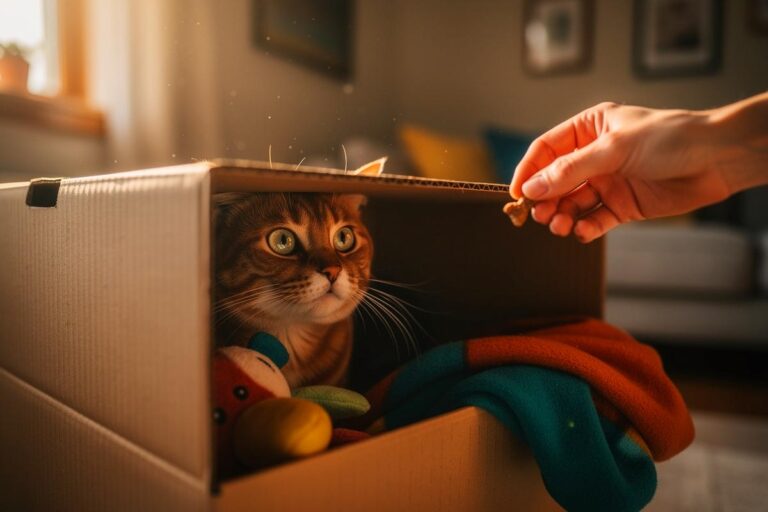 Illustration von einer neugierigen Katze, die aus einem geöffneten Umzugskarton schaut, während im Hintergrund eine Hand mit einem Leckerli ein Target-Training andeutet.