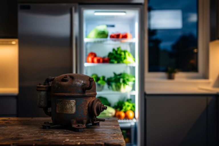 Illustration von einem modernen, lautlos arbeitenden Kühlschrank im Querschnitt, der einen alten, brummenden Kühlschrank ersetzt, wobei technische Details wie Inverter-Kompressor und Schalldämmung hervorgehoben sind.