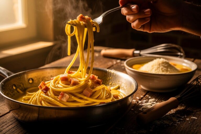 Illustration von cremigen Spaghetti Carbonara in einer Pfanne, wobei ein Koch mit einer Zange Nudeln aus dem Topf hebt und dabei stärkehaltiges Kochwasser in die Pfanne tropft.